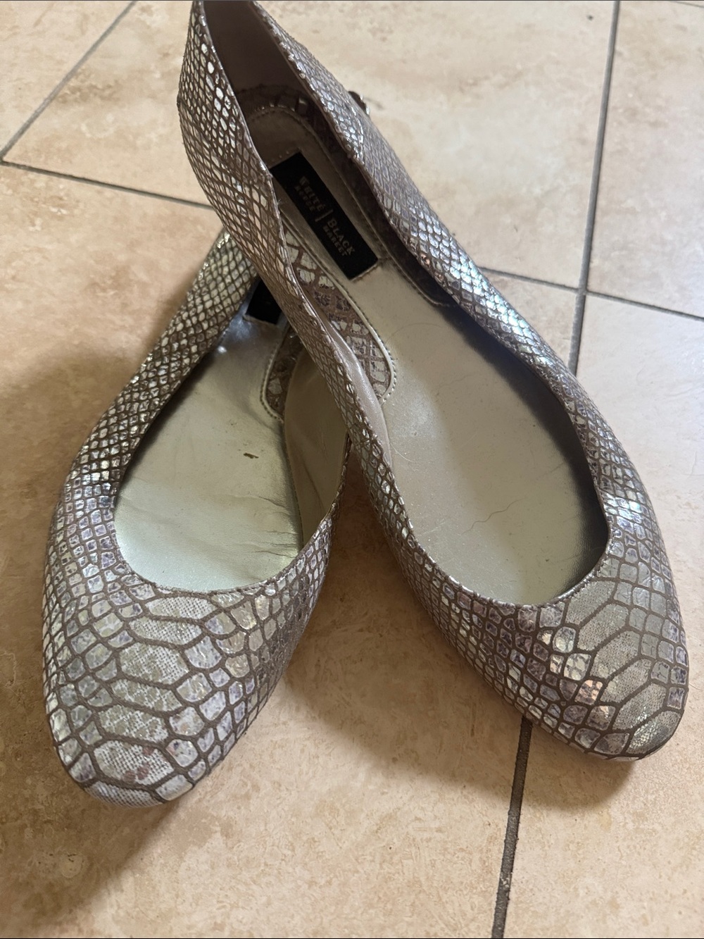 WHBM Shimmery Taupe Snake-Print Flats